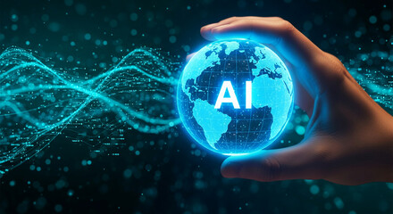 Hand holding glowing digital globe with AI lettering, set against a dark blue background with data stream effect Symbolizes global artificial intelligence, technological advancement, and innovations
