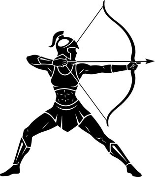 Woman archer in ancient helmet aiming with a bow and arrow during training or competition. Flat black outline vector illustration for sports emblem or icon