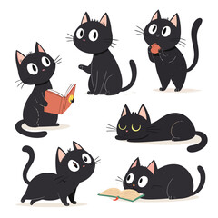 Obraz premium Funny cute black cat cartoon set vector illustration
