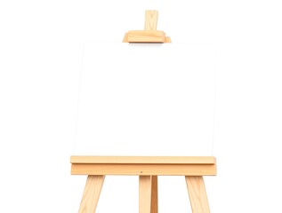 A simple, minimalistic digital image of a light wooden easel with a blank, white canvas stretched over it