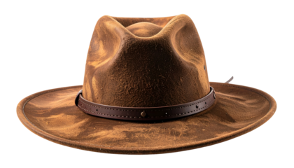 Rustic brown hat, weathered texture, leather band, isolated on black background