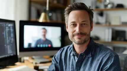 Fototapeta premium Smiling businessman on video call using dual monitors in home office, online communication concept