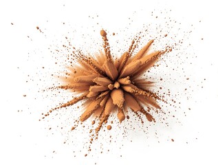  brown dust particles in mid-air, dispersing in all directions against a white background