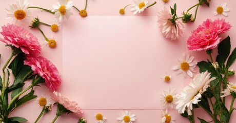 Obraz premium Pink background features delicate flowers, framing blank space. Floral arrangement creates soft, romantic aesthetic. Perfect for invitations, cards.