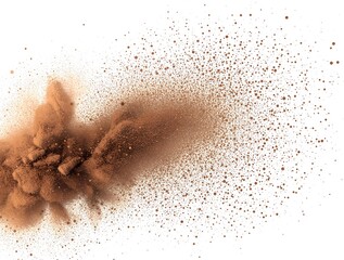  brown dust particles in mid-air, dispersing in all directions against a white background