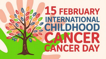 International Childhood Cancer Day Banner with Tree of Hands for Awareness and Support