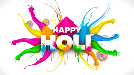 Holi festival colorful paint splashes with happy holi text