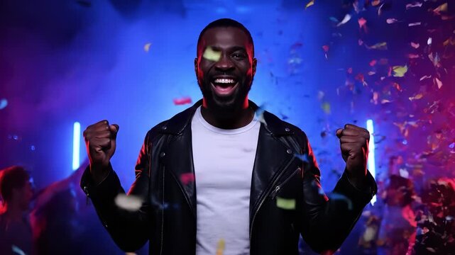 man raises fist during party celebration. nightclub setting with confetti and dance motion and decor. music thumps around crowd while jacket contrasts white shirt and motion. smile conveys high