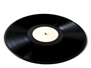 a glossy, black vinyl record with a white center label, placed on a plain white background.