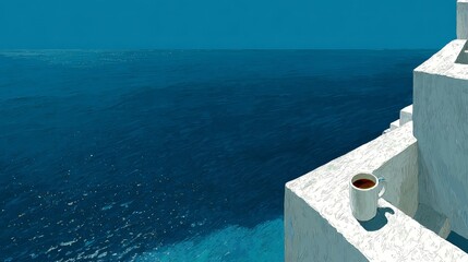 Naklejka premium Serene Coffee Break Ocean View from White Balcony in Santorini.