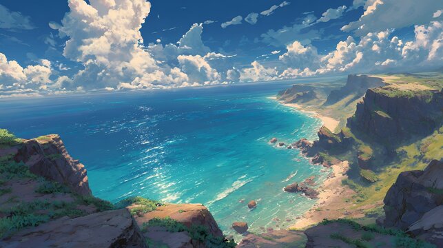 海と入江の絶景――断崖と青空の下、ターコイズに輝く透明な水面と反射
