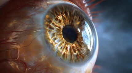 Risk of glaucoma. 3D render of human eye anatomy highlighting fluid buildup and surgical operation details.