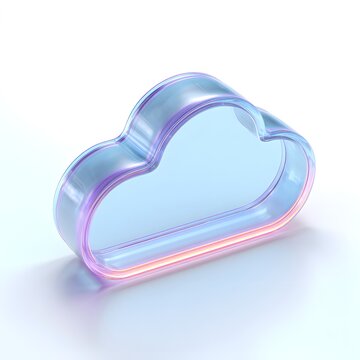 3D isometric cloud computing icon in glassmorphism style, frosted glass data storage symbol on white background