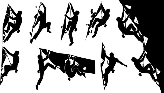 Rock climber silhouette on overhanging wall. Bouldering and extreme sport adventure action for climbing gym branding vector.
