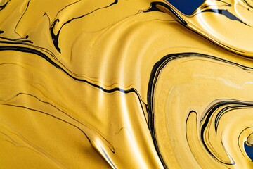 Smooth liquid gold textures swirl across the surface forming an elegant abstract pattern with reflective depth. Generative AI.