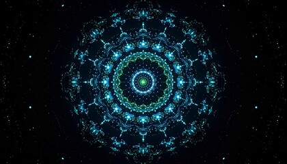 Obraz premium Symmetrical blue and green pattern on a dark backdrop, resembling a cosmic mandala