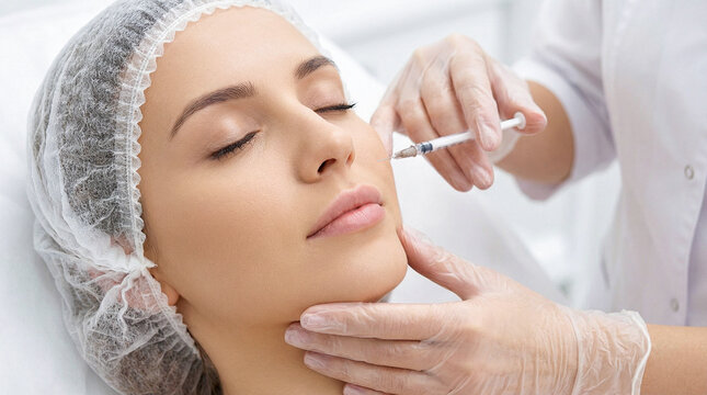 Young woman receiving anti-aging cosmetic injection in cheek from doctor hands at aesthetic medical clinic