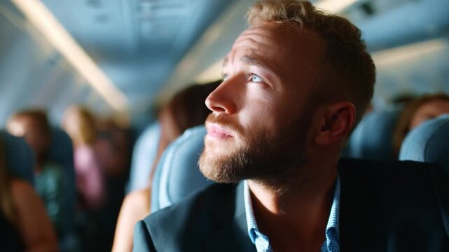 A Thoughtful Passenger in an Airplane Cabin: Captured Moments of Reflection, Anticipation, and Personal Journey Amidst a Crowded Flight, Highlighting the Contrast of Individuality Within Shared Spaces