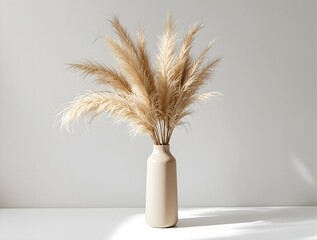  a tall, beige ceramic vase holding a bunch of dried pampas grass, placed on a white surface against a plain, light gray wall. 