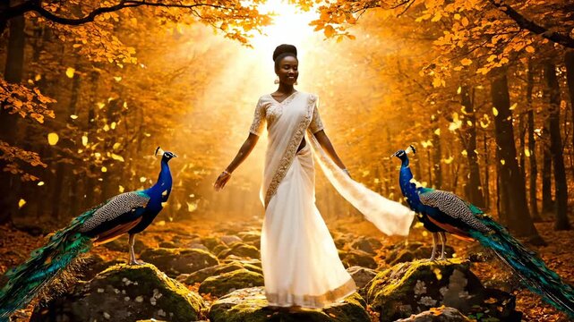 woman stands beside peacock on mossy rock in forest. autumn light filters through tree and leaf. sari drapes along silhouette. fashion detail complements natural environment. peacock color accent.