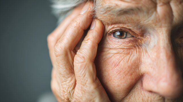 Risk of glaucoma. Elderly person experiencing eye discomfort while holding their head in a thoughtful pose.