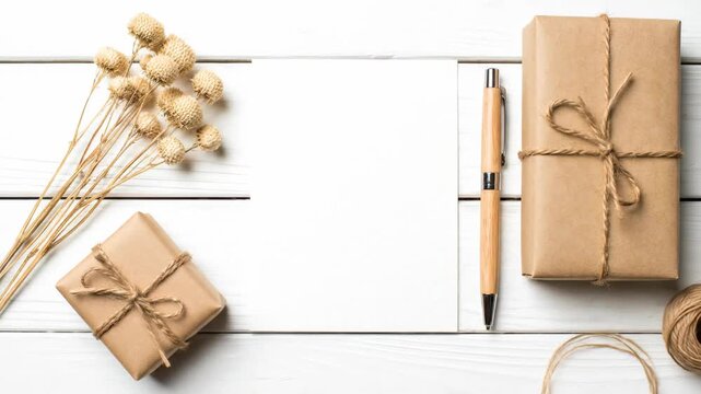 Blank white card, brown kraft gifts, dried flowers and wood pen on white rustic wooden background, concept for seasonal greetings, business announcement design and sustainable packaging branding