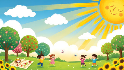 Children Playing Outdoors Under Bright Sun With Trees, Flowers, And Picnic. Perfect for family, outdoor activity, summer, and nature themed stock use.