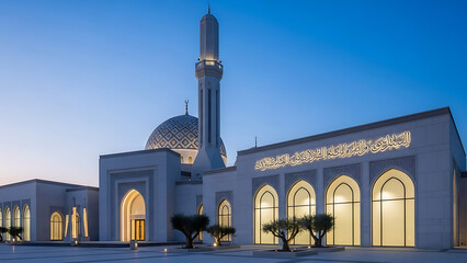 Grand white mosque exterior at dusk with prominent minaret and detailed architectural features