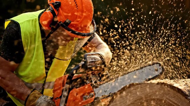 Close-up of a logger in safety gear cutting a log with a chainsaw, dramatic flying sawdust, concept for forestry services, professional safety training and skilled labor advertising