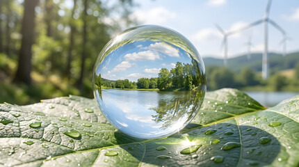 A clear, spherical water droplet perfectly reflects a scenic outdoor landscape with a lake, greenery, and distant wind turbines under a blue sky with scattered clouds