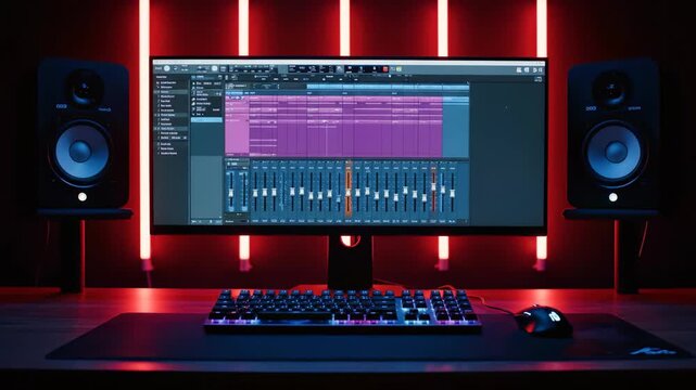 Dark music production setup displays DAW software, studio speakers, keyboard and mouse under dramatic red neon light, concept for audio engineering, home studio environment and gaming setups
