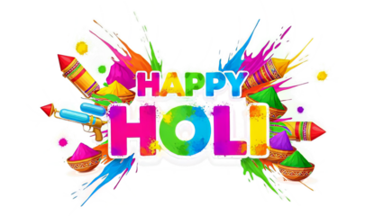 Happy Holi festival celebration colorful text with paints and fireworks