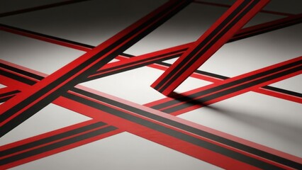 Abstract geometric lines in red and black, casting shadows on a white surface