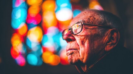 Elderly man gazes thoughtfully near stained glass window in church