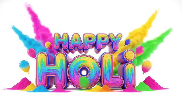 Happy Holi festival celebration colorful text with powder and balloons