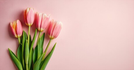 Pink tulips bloom against soft pink backdrop. Simple floral composition, delicate petals, vibrant colors, spring aesthetic. Minimalist design.