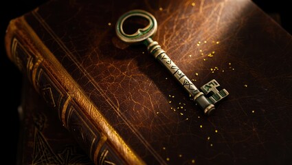 An old metal key resting on a vintage leather bound book symbolizing mystery knowledge and hidden stories. Generative AI.