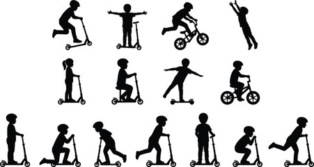 Kids playing outdoors, child scooter silhouettes, bicycle riding, jumping poses, active children activities, black silhouette set, playful motion, recreation illustration © Mahamudul