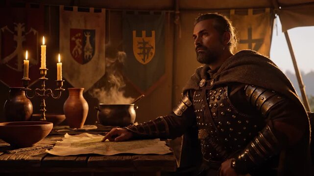 armor and map rest on table. parchment lies beside quill and ink. candle flame warms cauldron and sword. tent interior holds banner and leather satchel near steaming goblet. scroll wax seal.