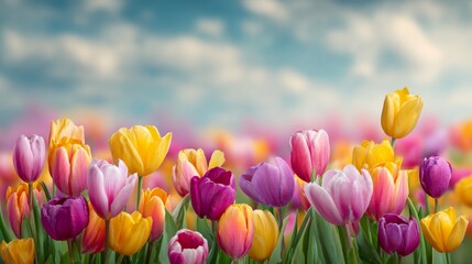 Field of tulips in vibrant colors with soft sky 
