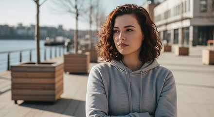 Obraz premium Young woman with curly brown hair, wearing a gray hoodie, stands outdoors near water, showcasing a pensive mood, ideal for lifestyle or contemplative concepts