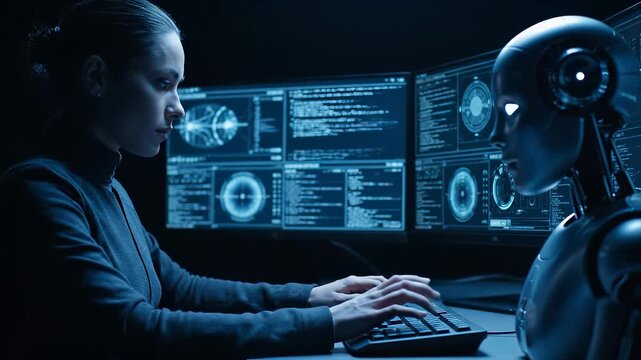 woman and robot at computer with monitor and keyboard. code and ai fill screen. data populate interface. interaction between human and machine captured. system analysis running with log output active.