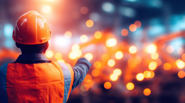 Worker directs operations in a busy factory during evening shifts