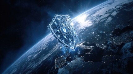 satellite protecting Earth with digital shield hologram, cybersecurity concept in space with glowing lock and encryption symbols