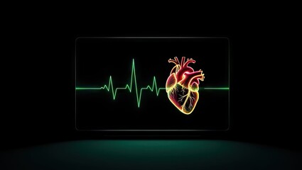 A digital heartbeat line with a stylized glowing heart shape on a dark background conveying medical vitality. Generative AI.