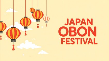 Japan Obon Festival Banner with Traditional Red Hanging Lanterns and Soft White Clouds Background