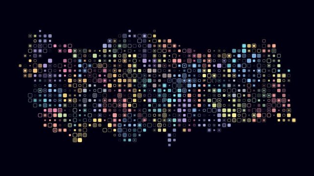 Turkey animated country shape. Pulsating colored dots on the map of the country. Small size rounded square blocks. Digital style Turkey map on dark background. Plain animation video.