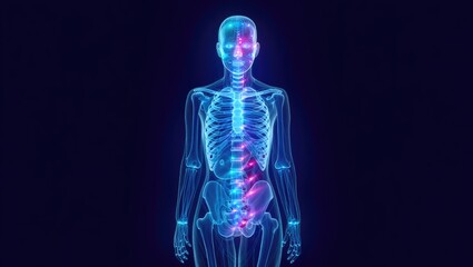 A transparent digital x ray style figure showing the skeletal system with glowing energy accents. Generative AI.