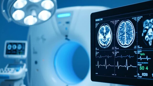 Screen displaying detailed brain MRI scans and vital signs near sophisticated medical machinery, concept for diagnostic imaging, neurological research and critical care monitoring