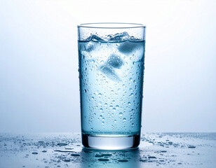 Refreshing glass of cold water with ice cubes and condensation on a light blue background
